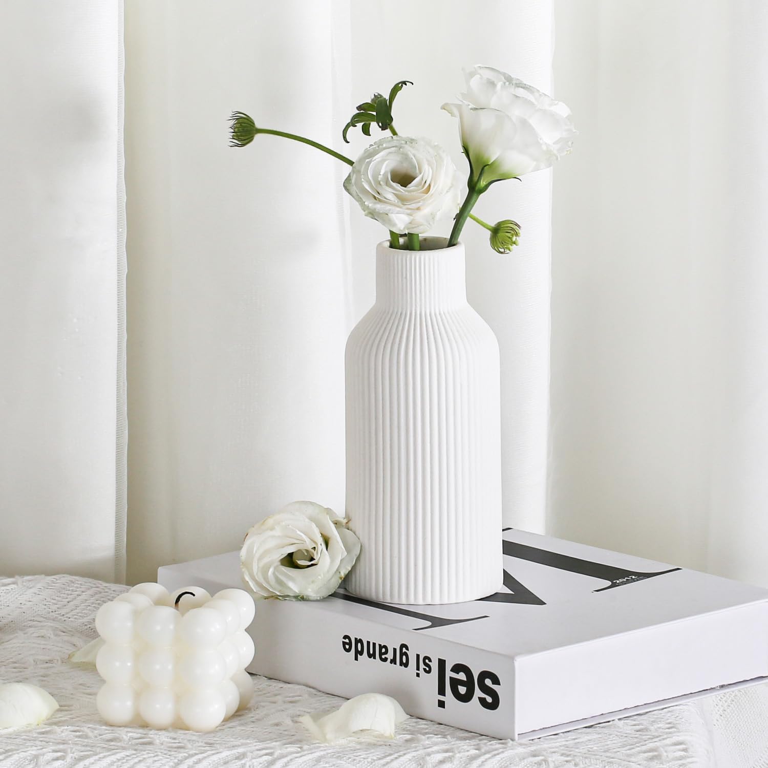 Bohemian Ceramic Vase / White / 7in