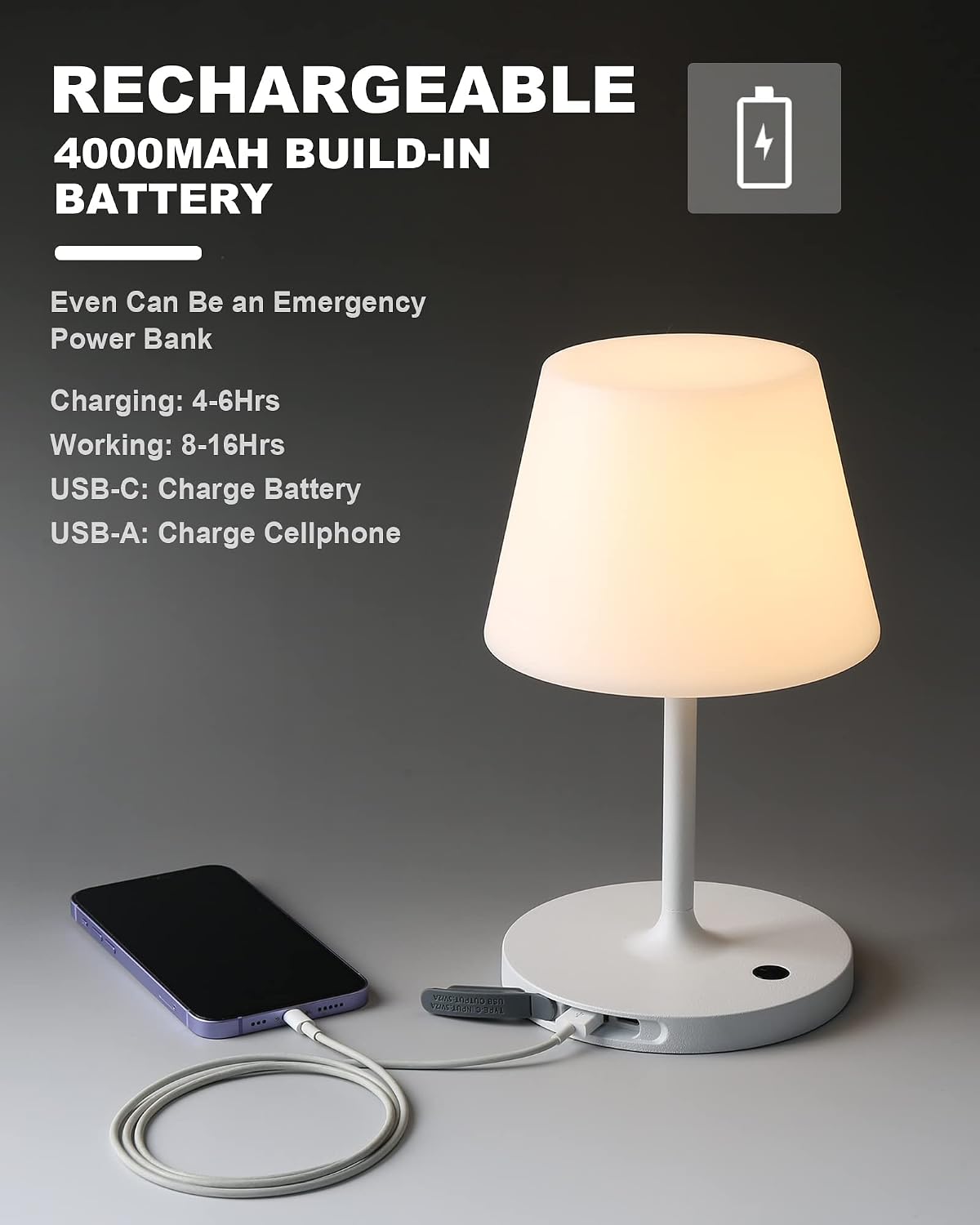 WEILAILUX Outdoor Battery Operated Table Lamp Waterproof, 4000mAh Cordless Table Lamp Rechargeable, Touch Dimmable Desk