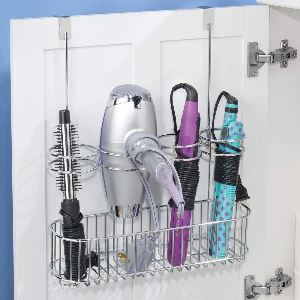 mDesign Metal Over Door Bathroom Hair Care & Styling Tool Organizer Storage Basket for Hair Dryer, Flat Irons, Curling