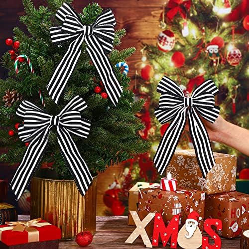 Xinnun 6 Pcs Christmas Burlap Bows Wreath Bows,Striped Style,Black, White