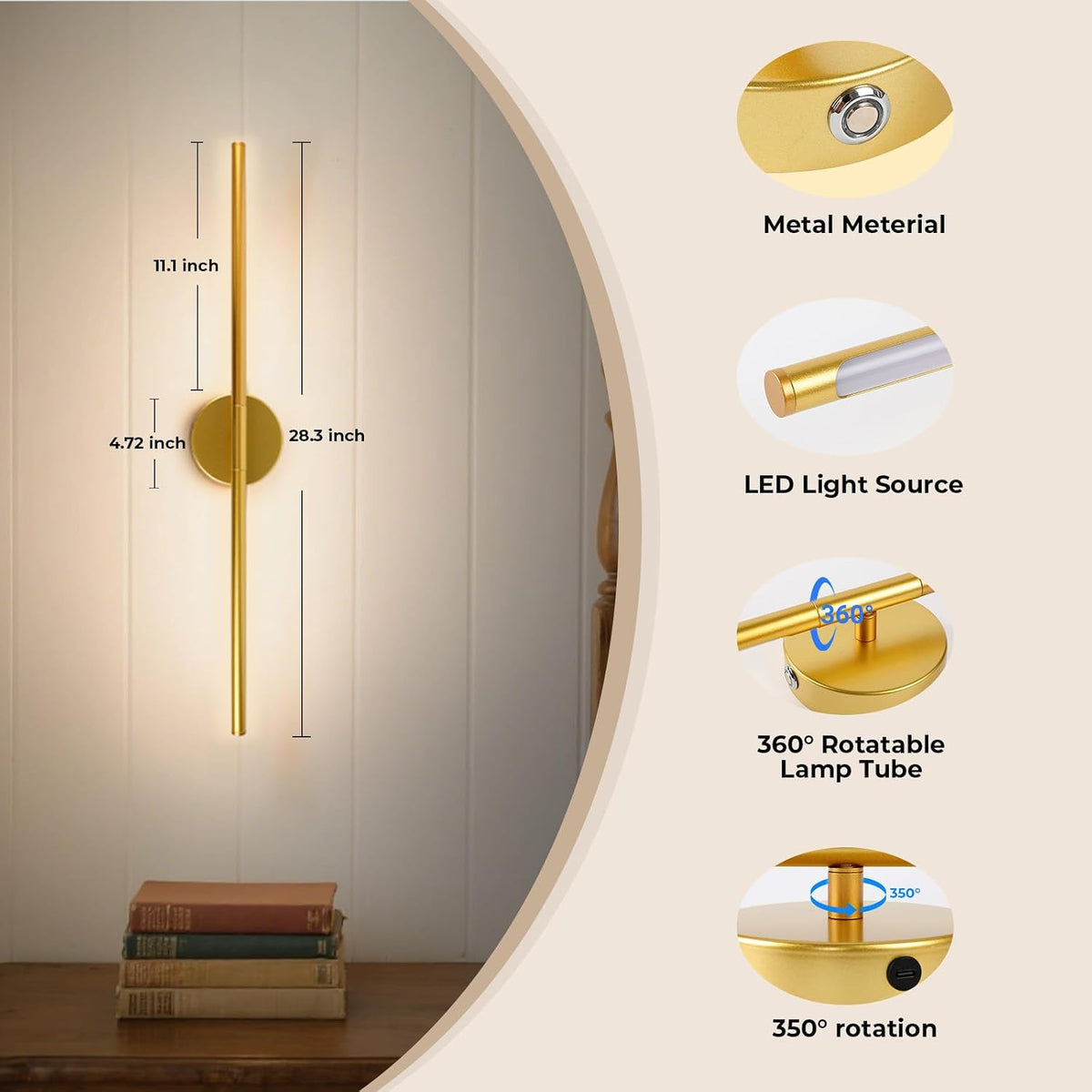Rechargeable Wall Light Detachable Wireless Dimmable 1 Pack 360°Rotate | Battery Operated Wall Sconce 3000-6500K with