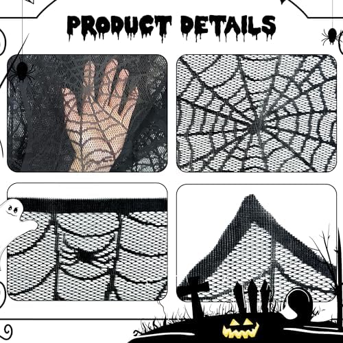Halloween Mantel Scarf Black Lace Spiderweb for Fireplace Decor Halloween Decorations Indoor Fireplace Scarf(18 x 96 inch)(Black)
