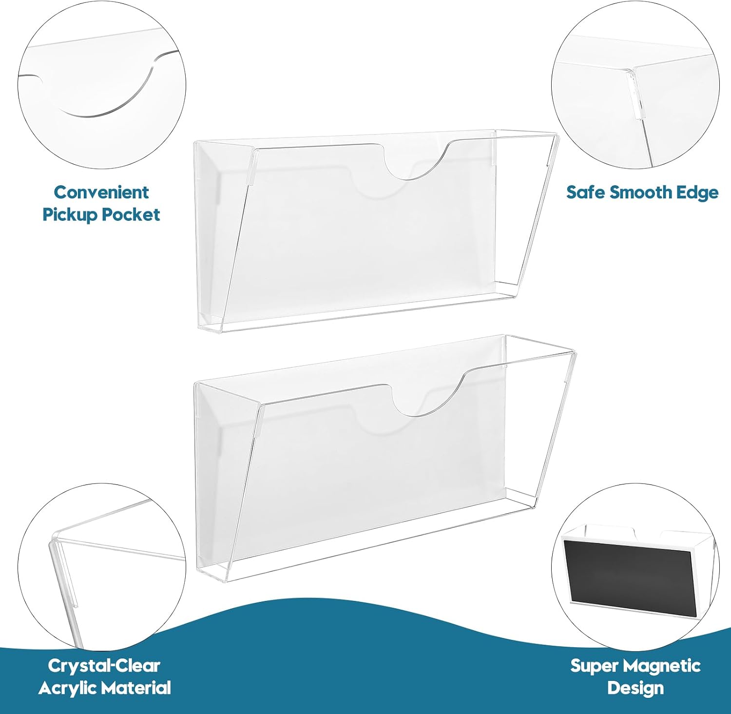 Qozary Clear Acrylic Magnetic File Holder - 2 Pack Magazine Rack for File Cabinets, Magnetic Mail Holder, File