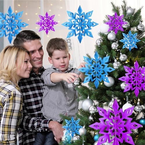 Whaline 18Pcs Christmas Hanging Decorations Purple Blue 3D Snowflake Paper Ornaments with String Large Snowflake Pendant Garlands for Xmas Winter Wonderland Party Home Ceiling