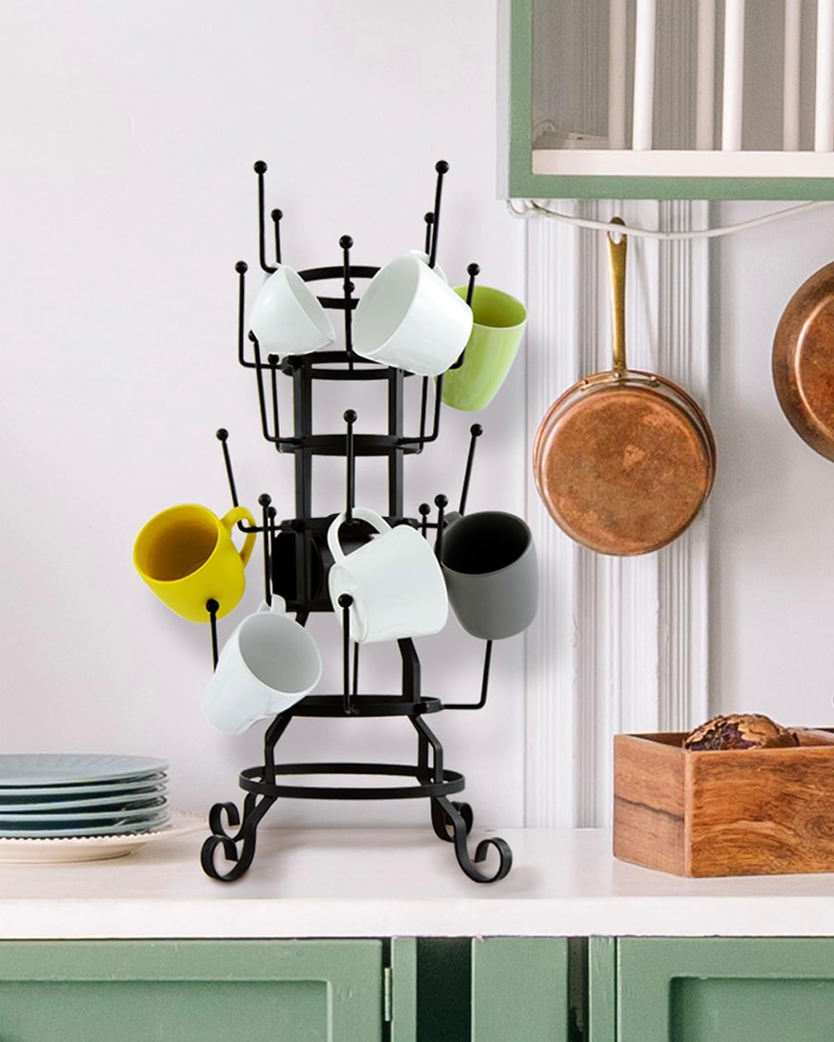 MyGift 24 Hook Rustic Mug Tree Holder for Coffee Cups & Glasses Rack | 24-hook black iron mug holder displays coffee