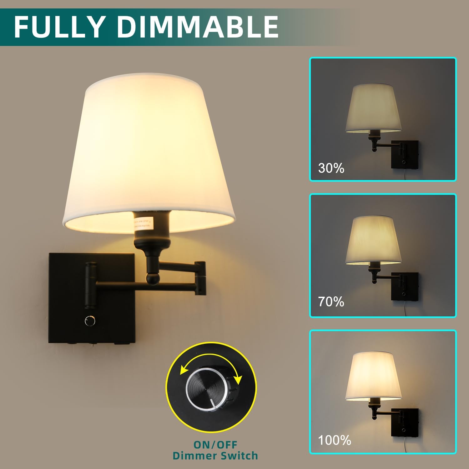 Bedside Wall Mount Light with Dimmable Switch and USB C+A Charging Port, Swing Arm Fabric Shade Wall Sconce Light with