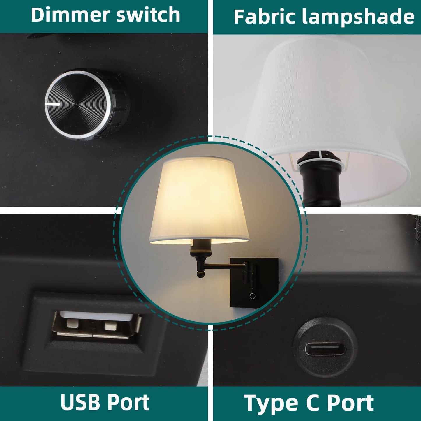 Bedside Wall Mount Light with Dimmable Switch and USB C+A Charging Port, Swing Arm Fabric Shade Wall Sconce Light with
