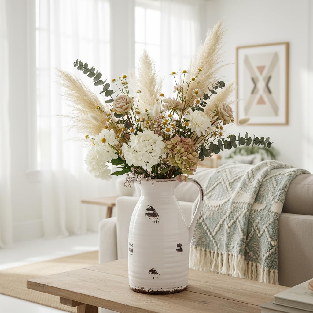 Farmhouse Pitcher Vase for Flowers- Ceramic Pitcher Vase Decrative / White and Qntique Pitcher Vase