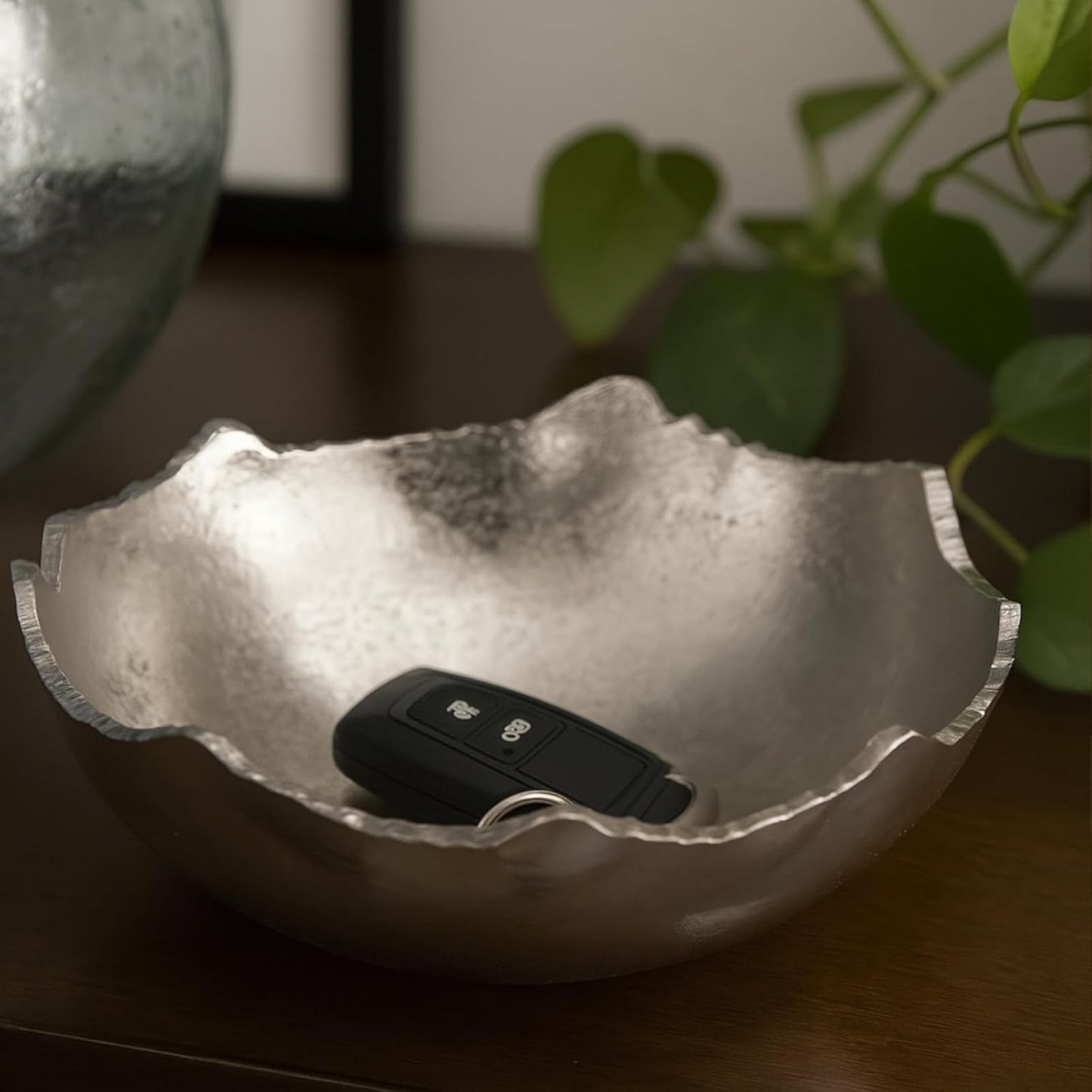 Decorative Moon Decorative Metal Torn Hammered Asymmetrical Centerpiece Bowl / Silver / 8.5 Inch