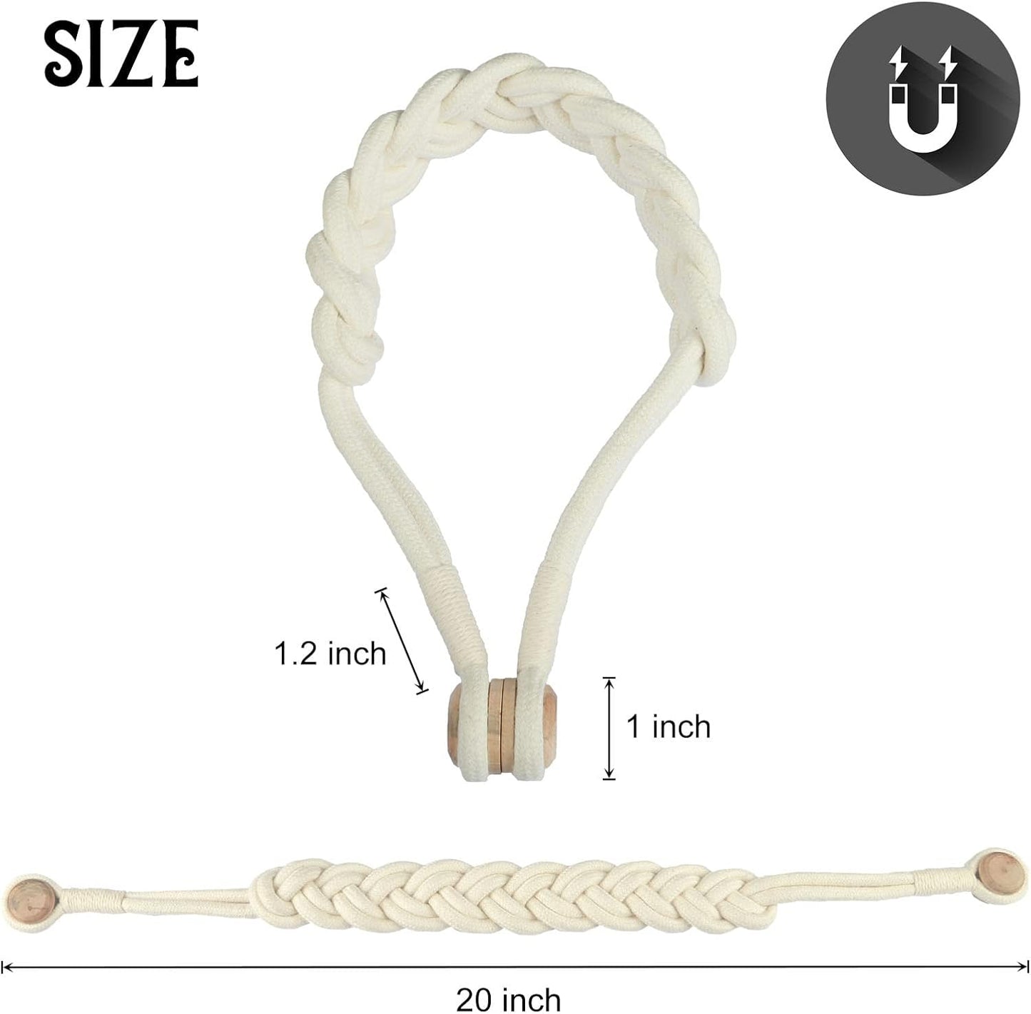 BEL AVENIR Curtain Tiebacks Magnetic 4 Pack Woven Drapery Holdback | Handmade Curtain Ties, No Drill, for Outdoor