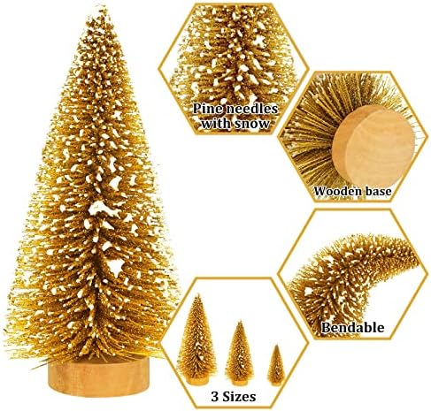 Whaline 16Pcs Artificial Mini Christmas Tree Snow Frosted Trees Red Green Gold Silver Bottle Brush Trees Desktop Mini Pine Tree with Wood Base for Xmas Home Office Tabletop Crafts, 3 Sizes