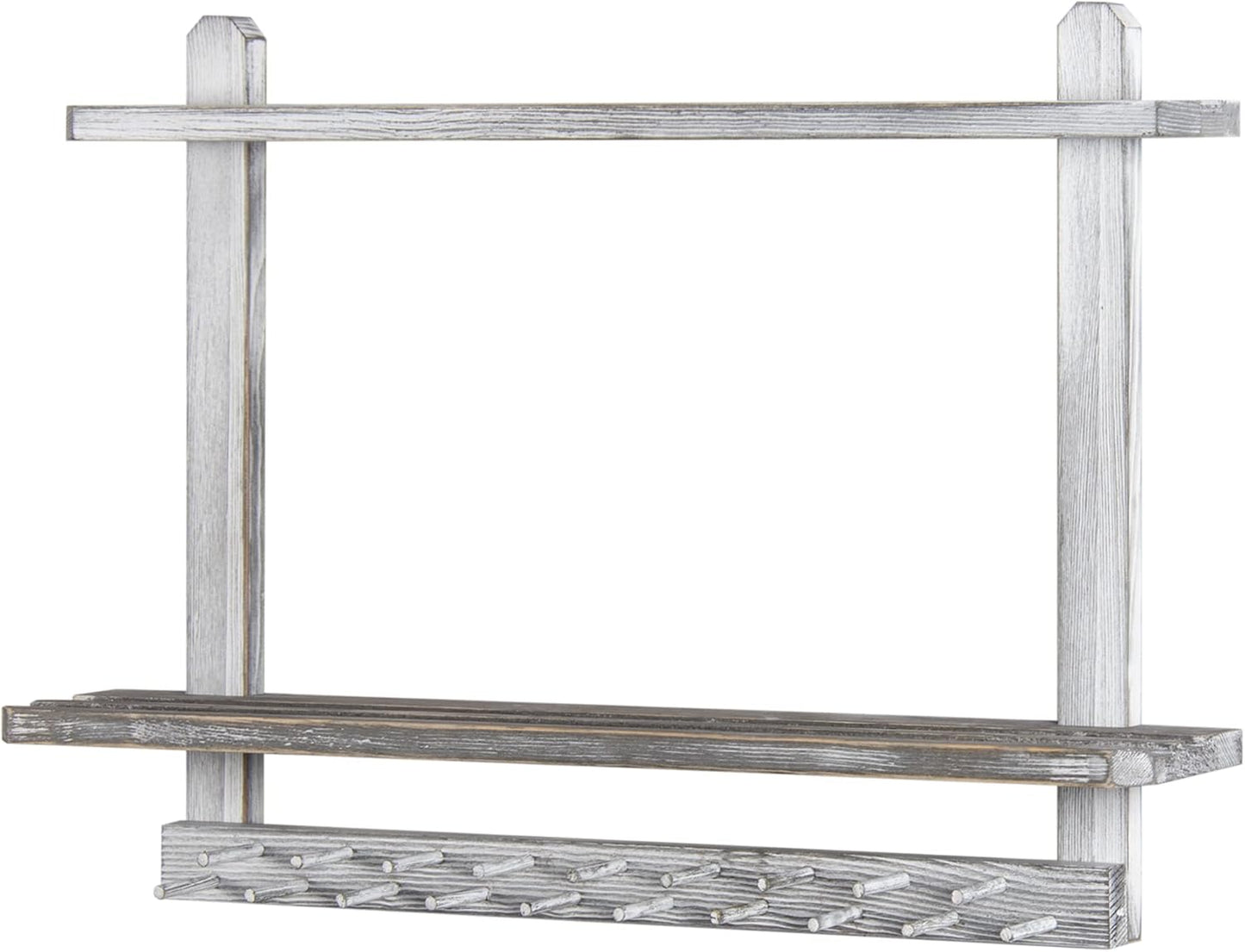 LAVIEVERT Wooden Medal Hanger & Trophy Shelf, Wall-Mounted Race Display with 2 Tier Storage Shelf and 19 Hanging Bars