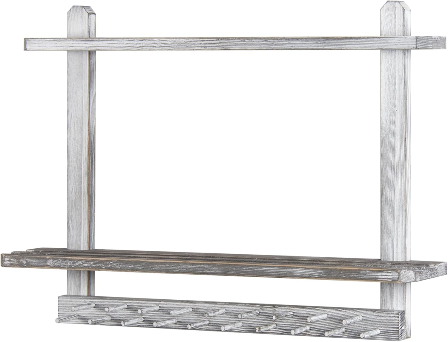LAVIEVERT Wooden Medal Hanger & Trophy Shelf, Wall-Mounted Race Display with 2 Tier Storage Shelf and 19 Hanging Bars