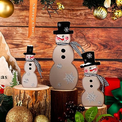 Suzile 3 Pcs Winter Table Decorations Wooden Centerpiece Block Signs Tiered Tray Desktop Figurine for Indoor Fireplace Mantel Home Decor Holiday Xmas(Black,Snowman)