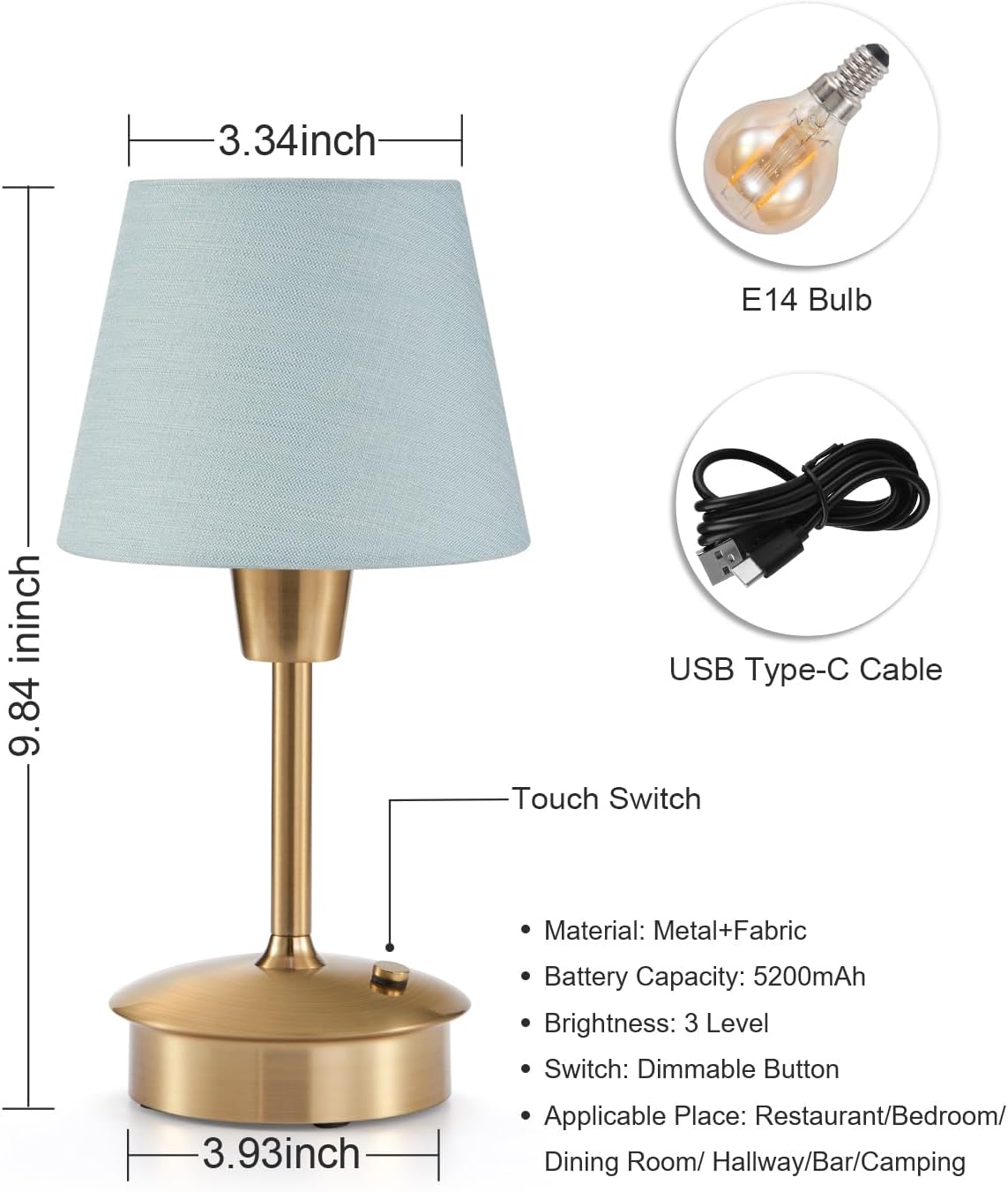 UMEXUS 9.8'' Small Cordless Table Lamp, 5200mAh Battery Operated Touch Lamp | Rechargeable Dimmable Warm Light for