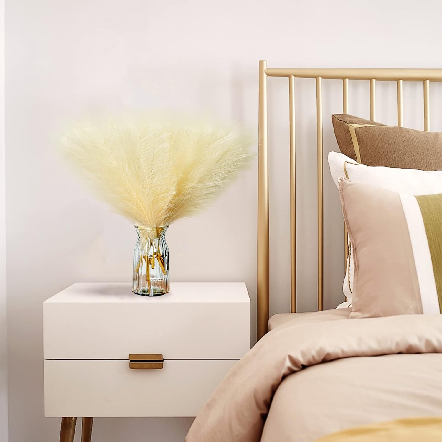 6 Stems Artificial Pampas Grass Decor Flurry Pompous Grass for Small Vase Boho Home / Beige / 18 In
