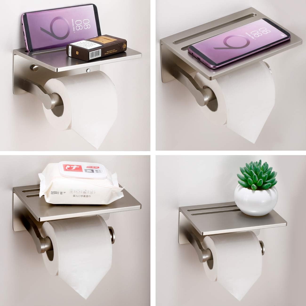 Toilet Paper Holder with Shelf, Aluminum Tissue Roll Holder with Mobile Phone Storage Shelf for Modern Bathroom, 3M
