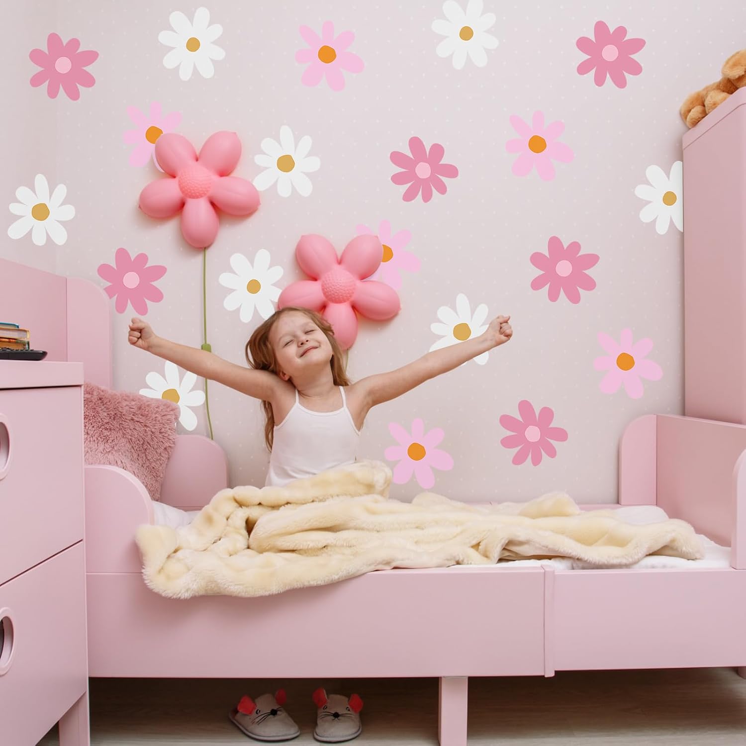 Daisy Wall Decal Flower Vinyl Wall Floral Decals Peel and Stick Daisy Stickers / Pink, White