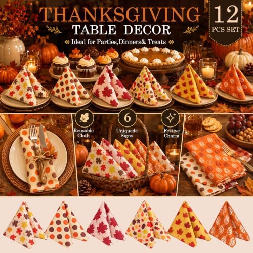 Mixweer 12 Pack Fall Thanksgiving Cloth Napkins Bulk, 15 x 15 Inch