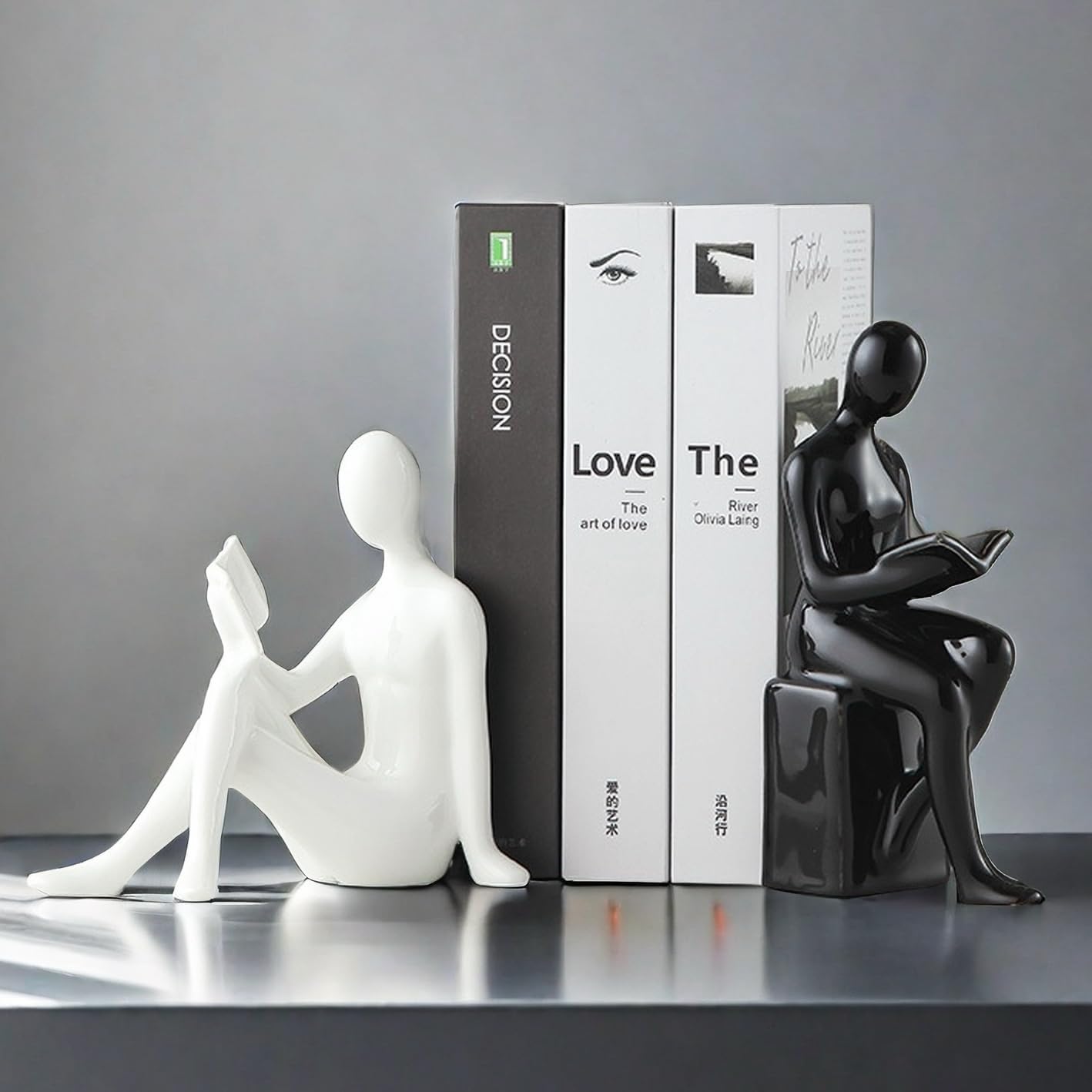 Home Decorative Reading Couple Statue Bookends Elegant Ceramic Bookshelf Room / Black and White