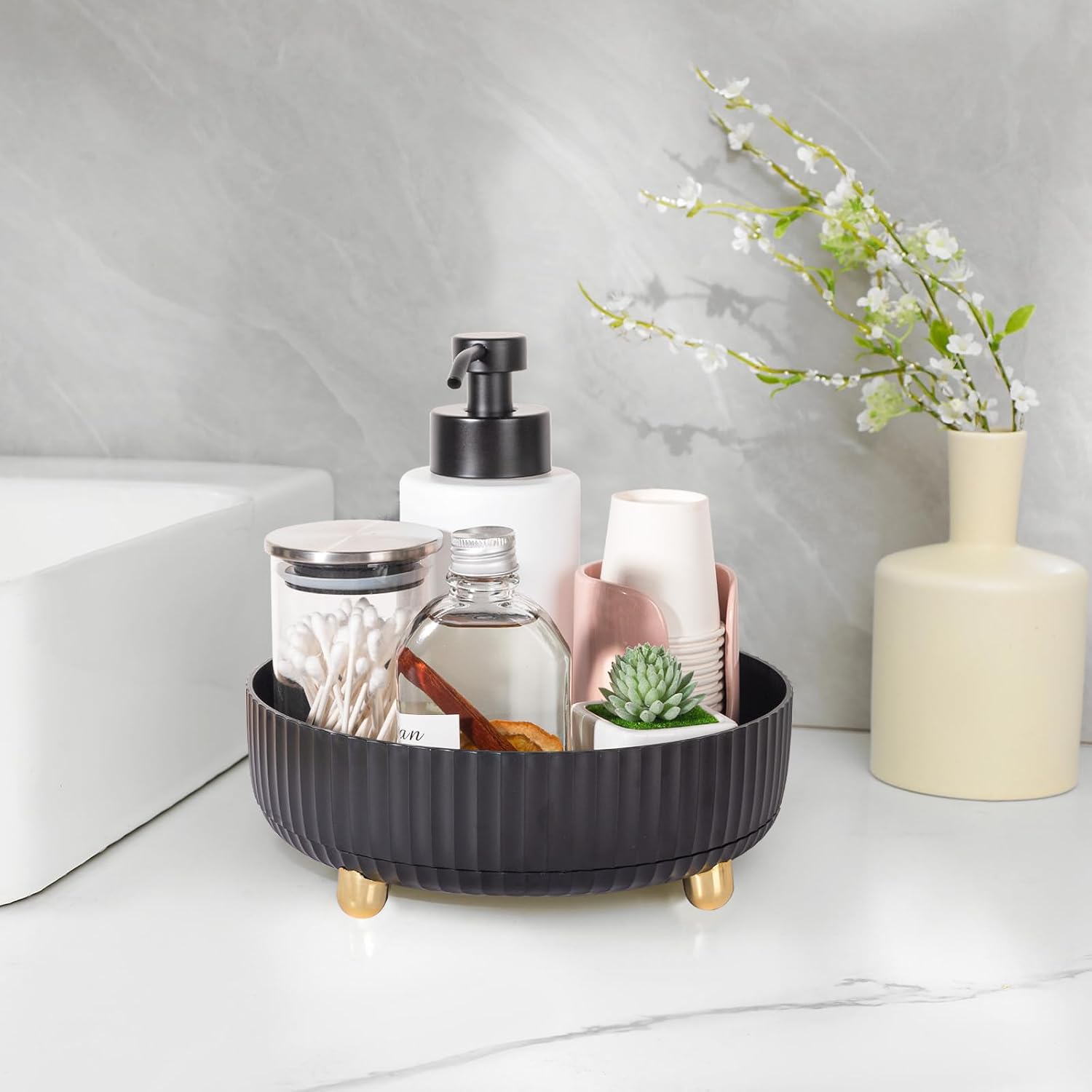 Makeup Perfume Organizer Tray 360 Degree Rotating Lazy Susan Skincare Lotion / Black / Set of 9
