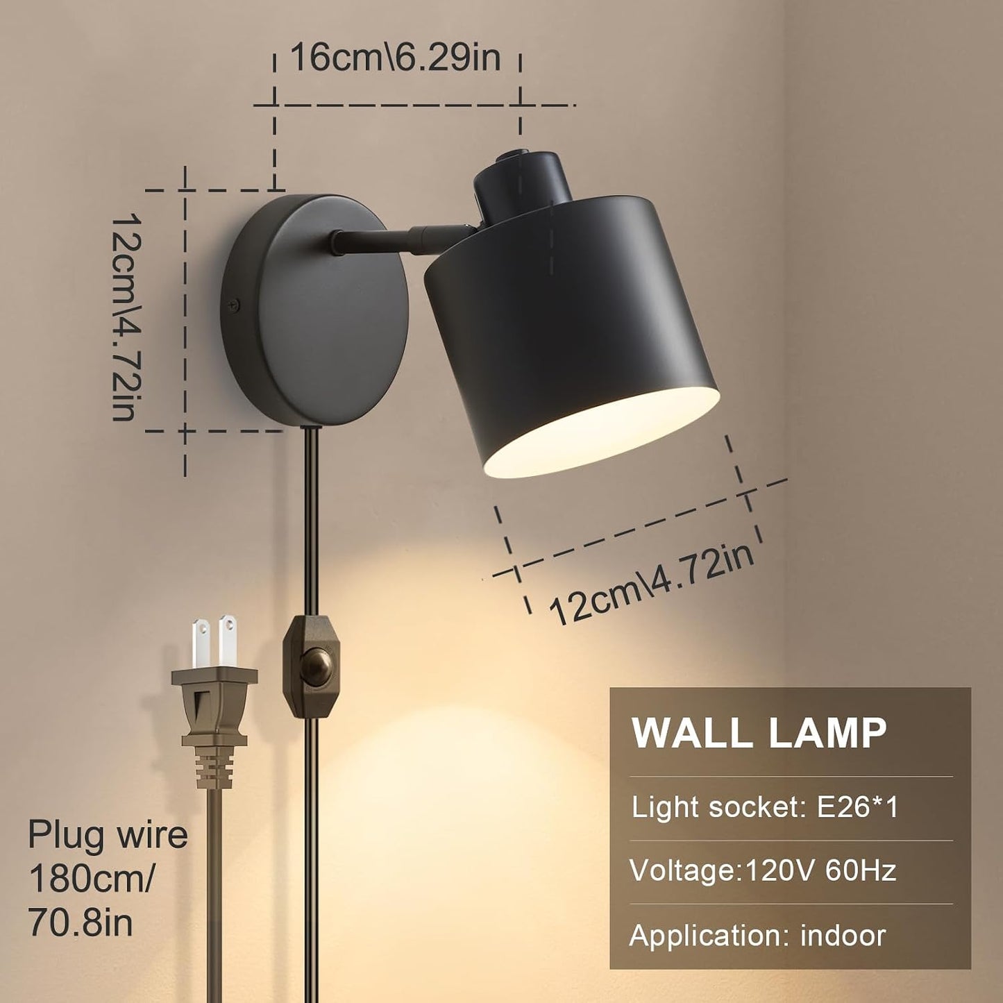 Lightess Black Plug in Wall Sconces Set of 2 Dimmable Corded with Switch | 350° Rotatable Lamp Head, Dimmable Corded