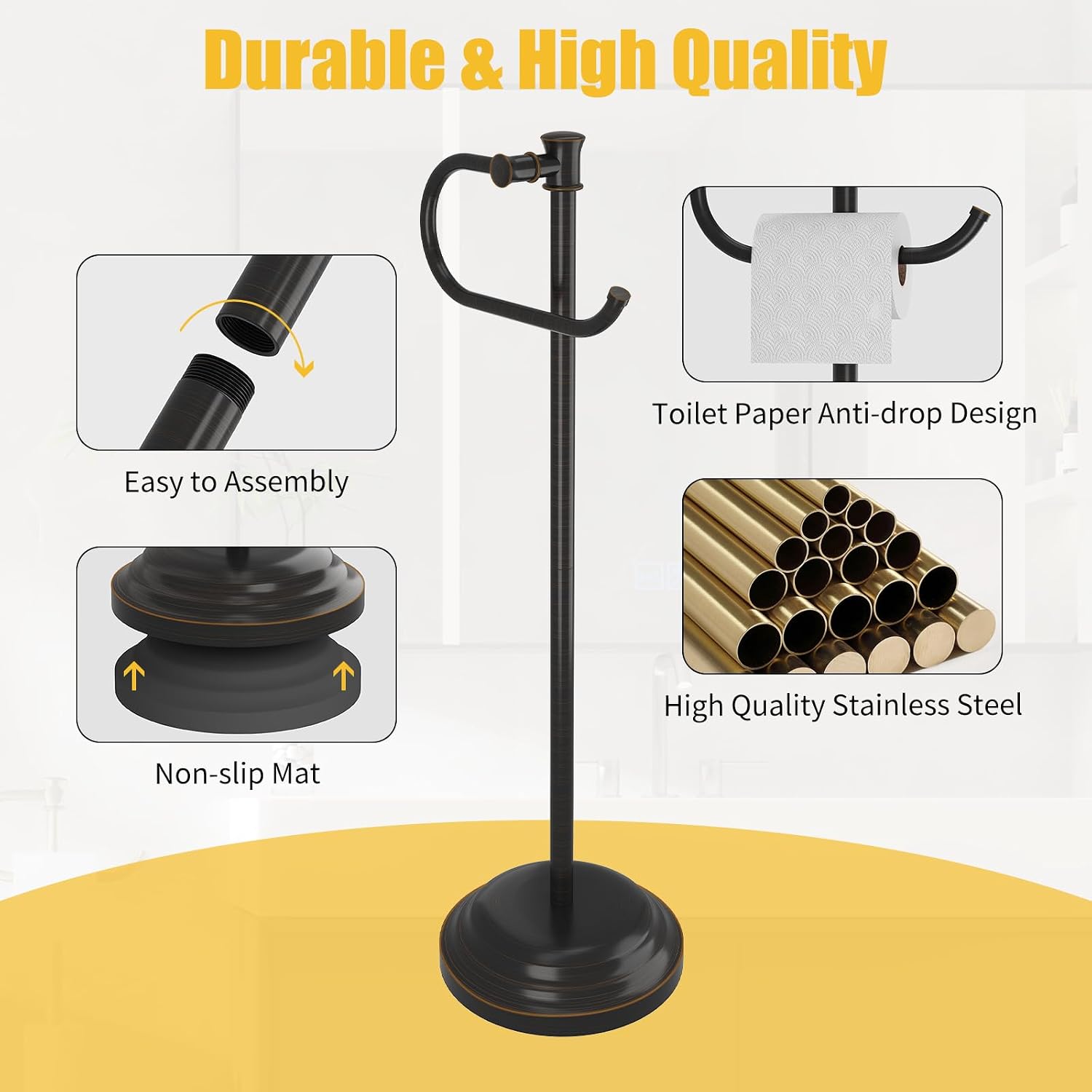 Toilet Paper Holder Floor Stand, Bathroom Freestanding Bronze | Toilet Tissue Roll Holder, Free Standing Rack with
