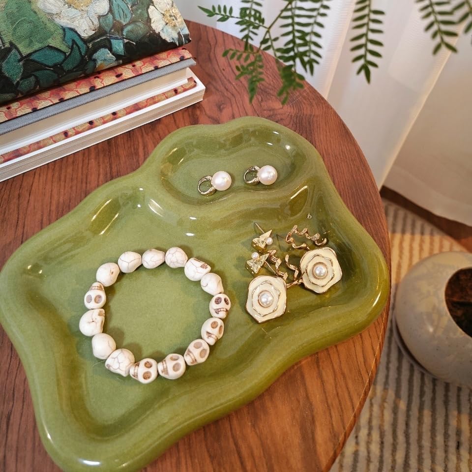 Green Ceramic Jewelry Tray Dish Large-sized Display Organizer Trinket Watch Keys / Olive Green