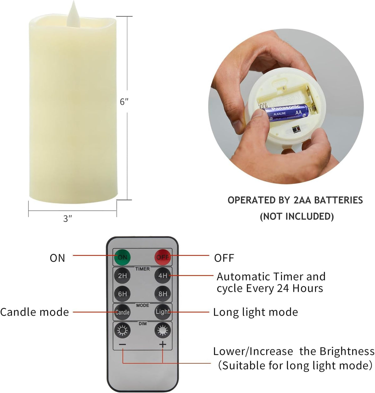 Flameless LED Candles 3"x6" Set of 2, Battery Operated with Remote & Timer, 600-Hour on 2 AA Batteries, Flickering
