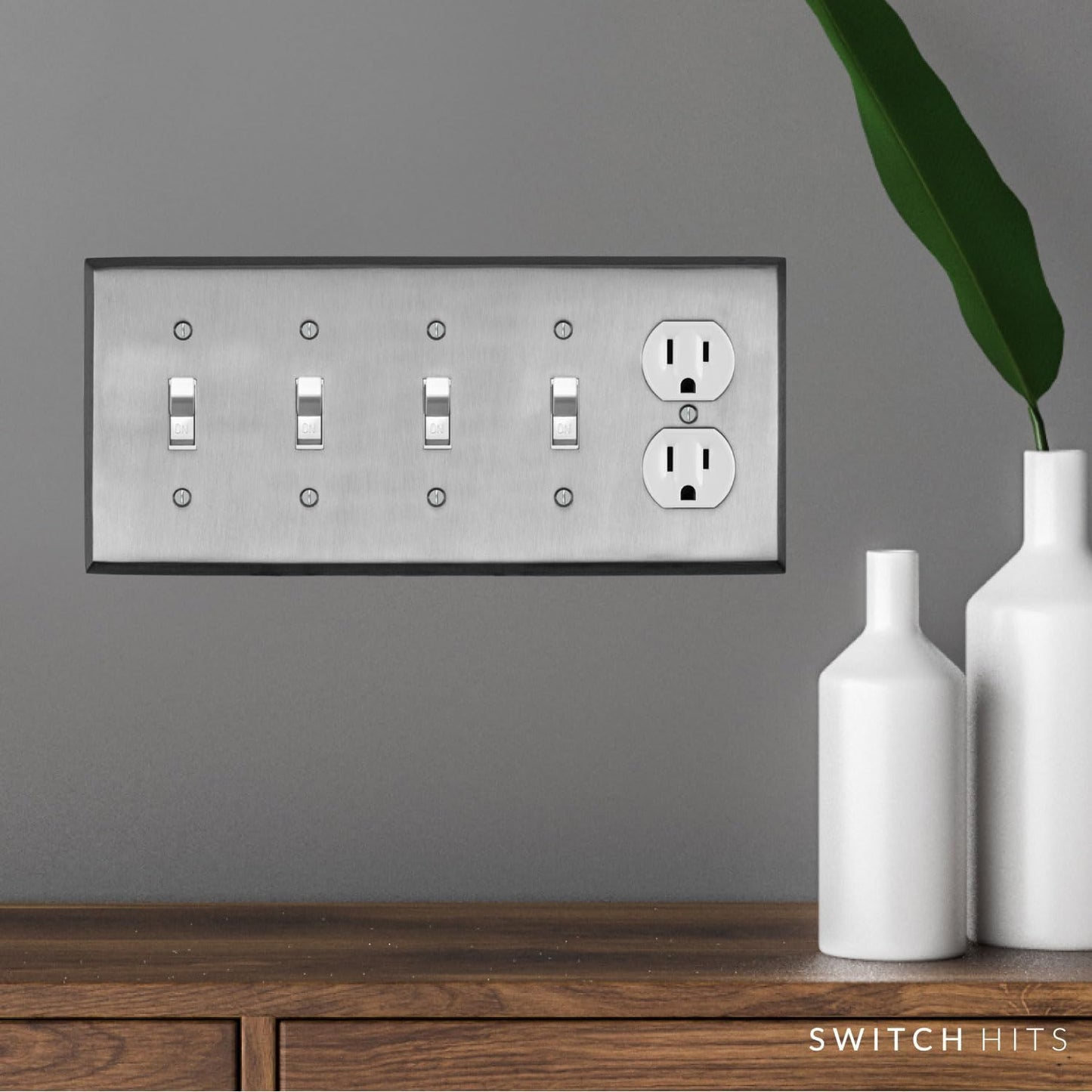 Satin Nickel Outlet Wall Plate | 4 Toggle - 1 Duplex | 10.1" x 4.6" | Hand-Polished Brass Construction | Electrical