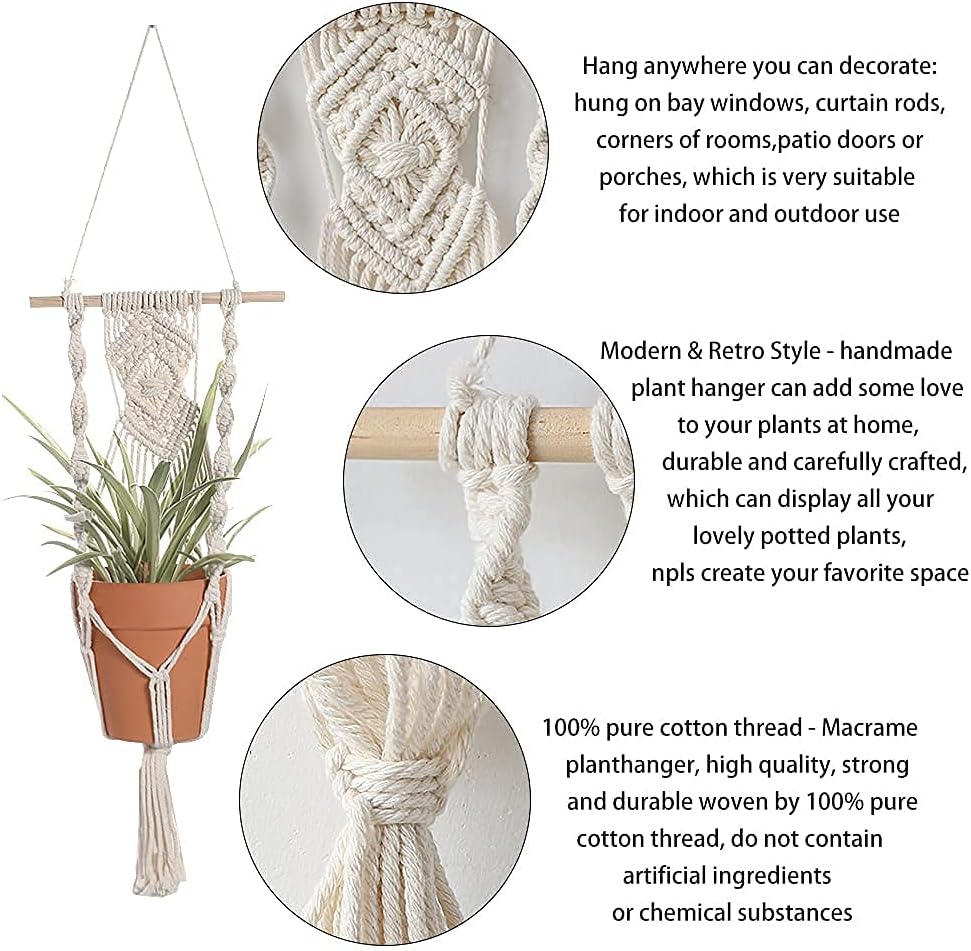 Boho Macrame Plant Hangers / White Wood Hanger / Set of 2