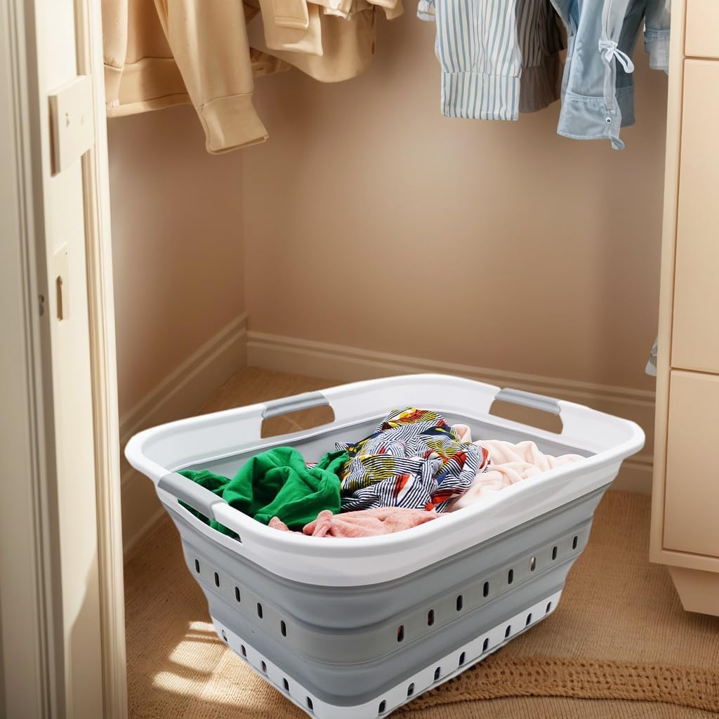42L Collapsible Plastic Laundry Basket / White/grey