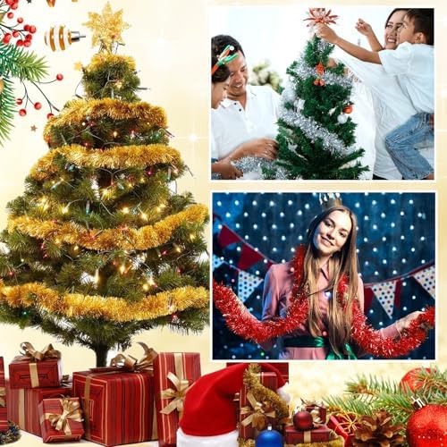 Shappy 90 ft 6 Rolls Christmas Tinsel Garland for Tree, Gold, Silver, Red