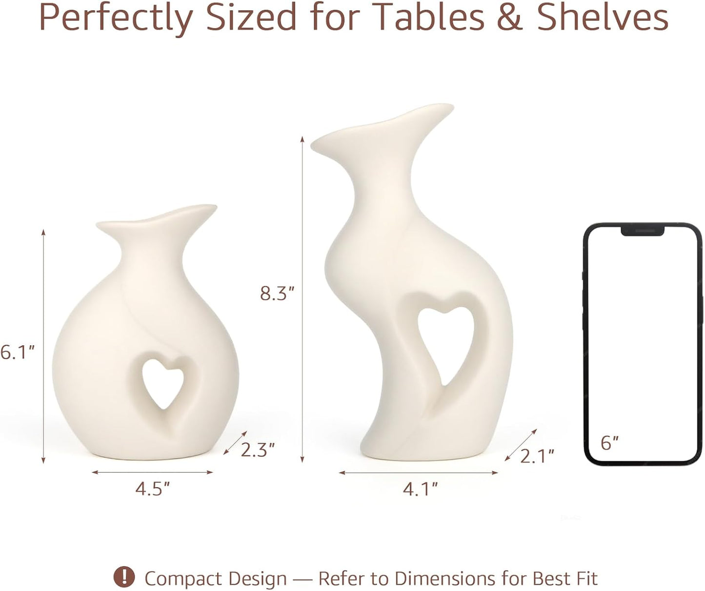 Ceramic Vase Hollowed Heart Flower Vase Set for Modern Nordic Boho Home Decor / White