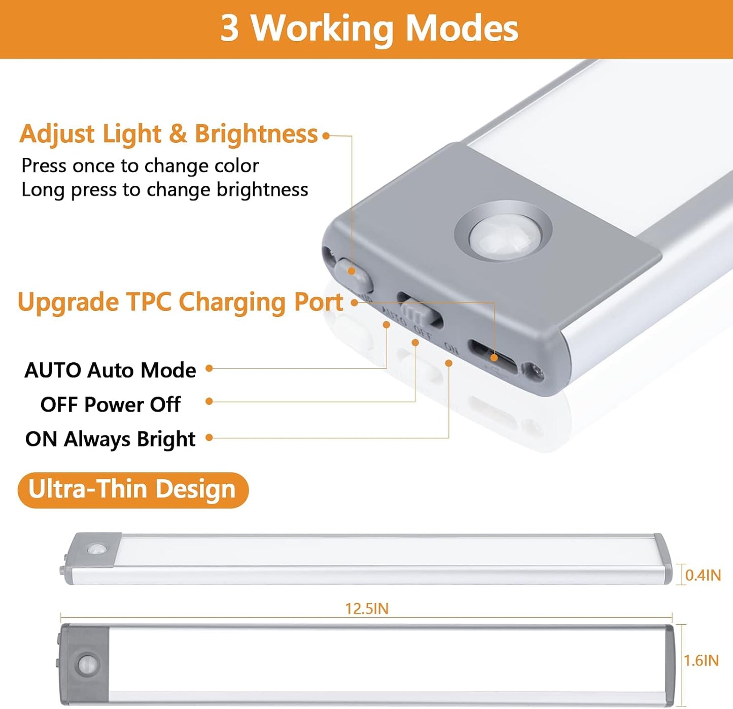 Under Cabinet Lights 2 Pack, 60 LED Dimmable Motion Sensor Light Indoor, Wireless USB Rechargeable with 3 Color Modes &