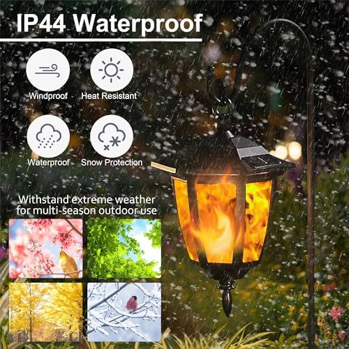 Dynaming 2 Pack Solar Flame Hanging Lights Outdoor, Halloween Solar Flickering Flame LED Garden Lanterns with 2 x 38 Inch Shepherd Hooks, Christmas Lighting for Lawn Patio Yard Pathway Driveway