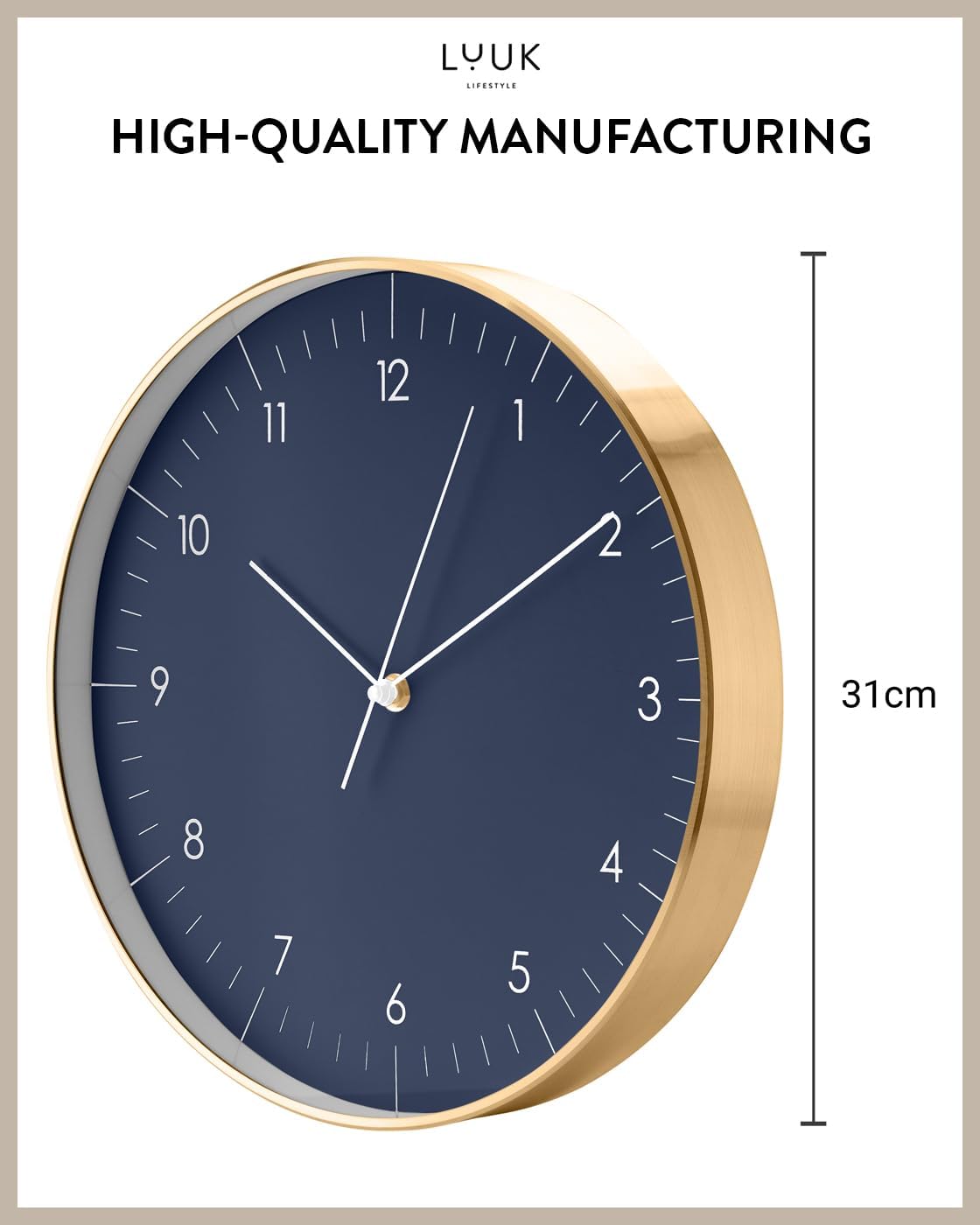 Modern Silent Quartz Wall Clock, 12in, Dark Blue & Gold | Elegant & Simple, Non-ticking, Analog, Easy-to-read display
