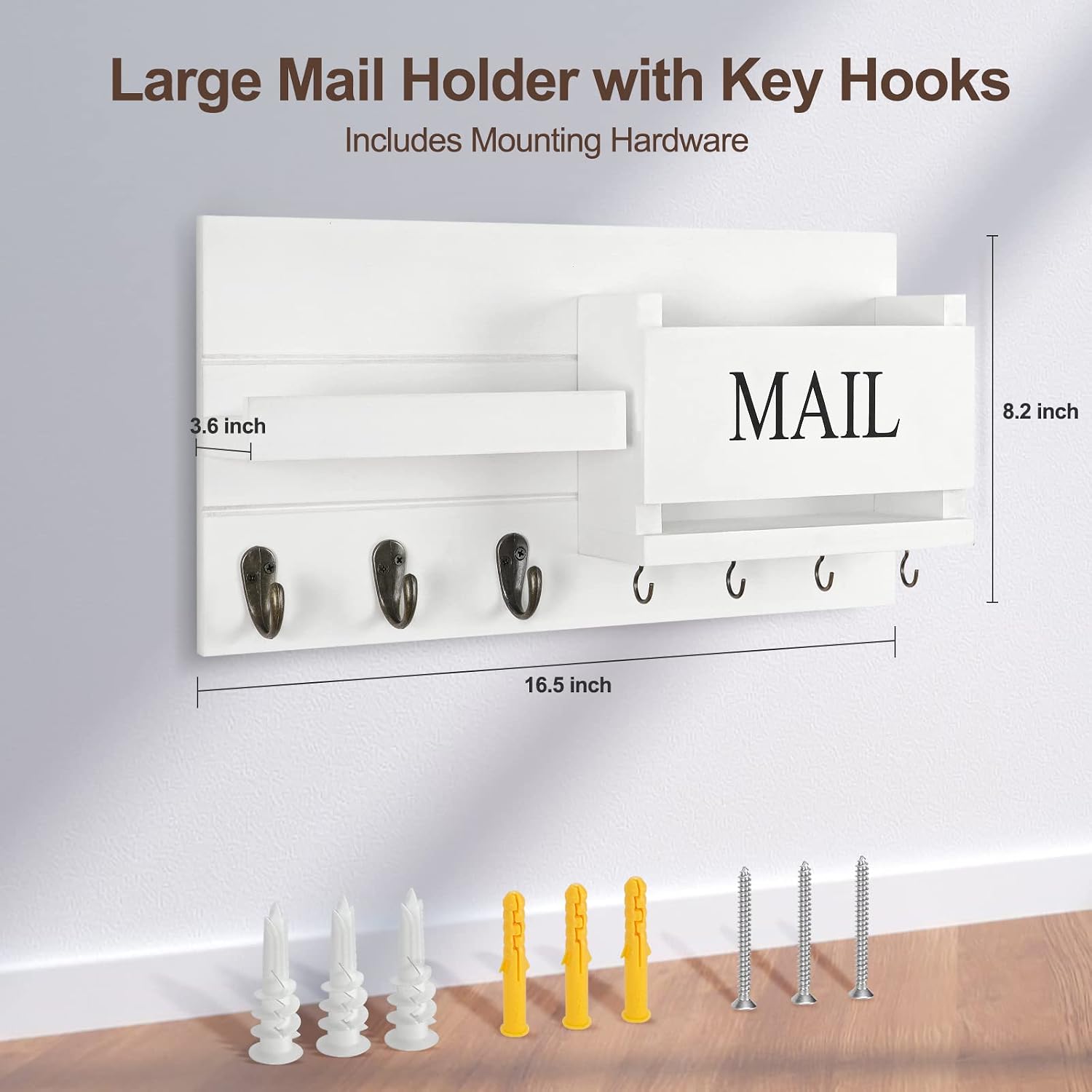 Shelf Includes Letter Holder and Hooks for Hallway Farmhouse / White