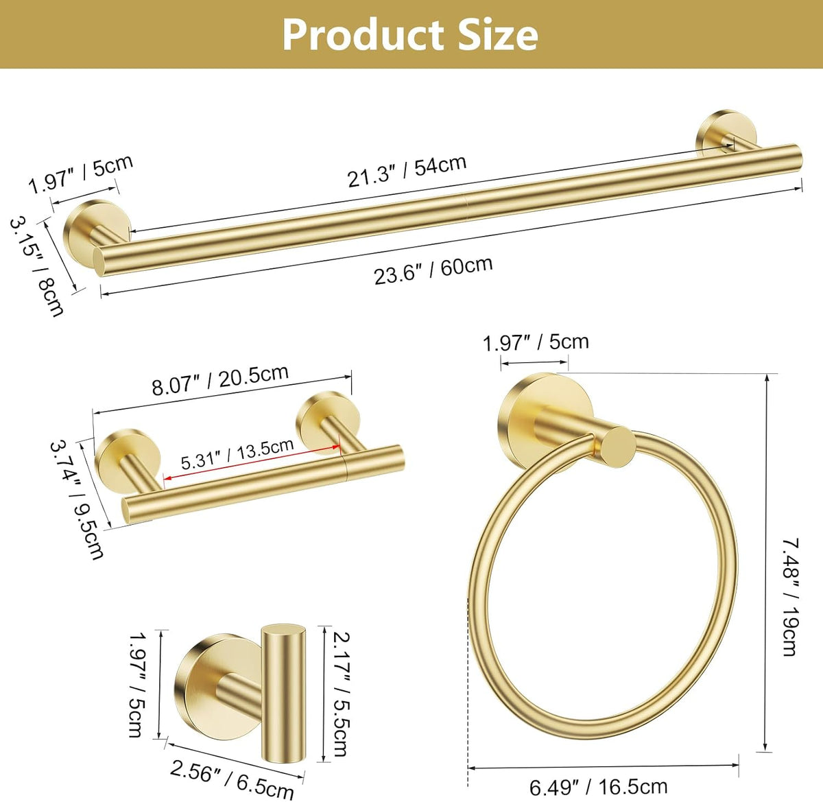 TQKAG Brushed Gold Bathroom Accessories, 5 Piece Towel Racks for Bathroom | 23.6" Bathroom Hardware Set, SUS304