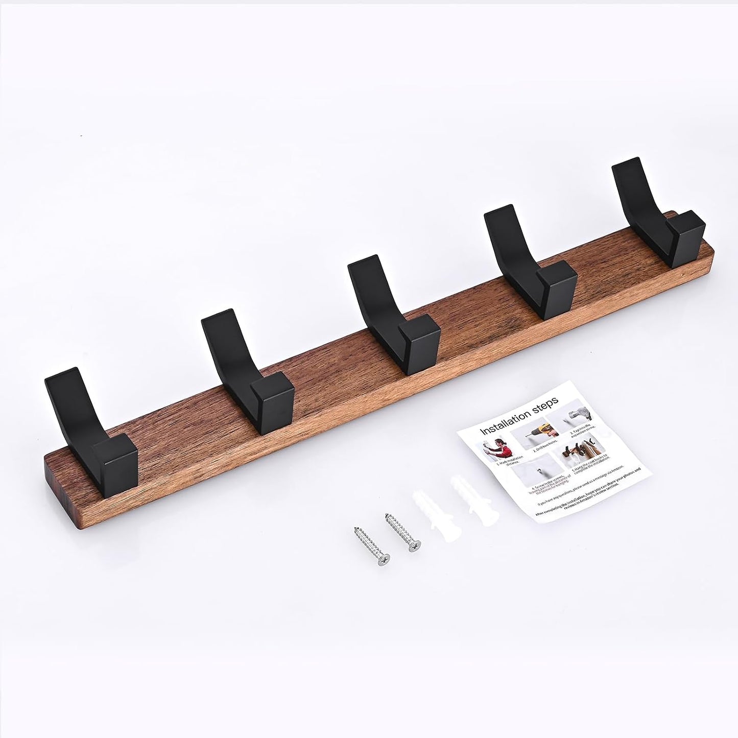 Coat Rack Wall Mount - 16.9 Inches Coat Rack Wall Mount with 5 Hooks Walnut Wood Coat Hooks Wall Mounted Rustproof Coat