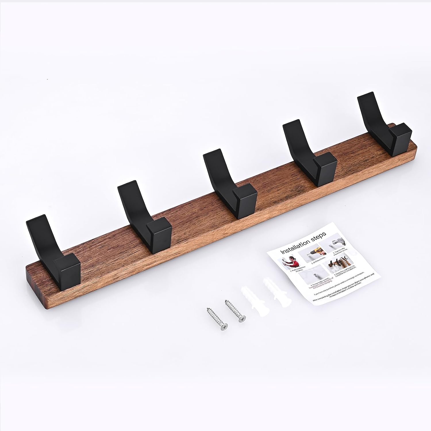 Coat Rack Wall Mount - 16.9 Inches Coat Rack Wall Mount with 5 Hooks Walnut Wood Coat Hooks Wall Mounted Rustproof Coat
