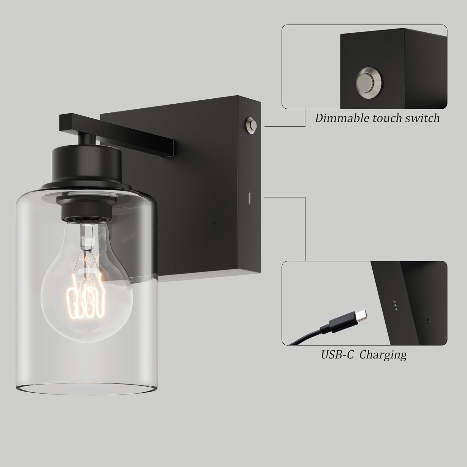 Wireless Battery Operated Wall Sconce Set of Two with Remote Control | Black Dimmable Rechargeable Wall Lights with