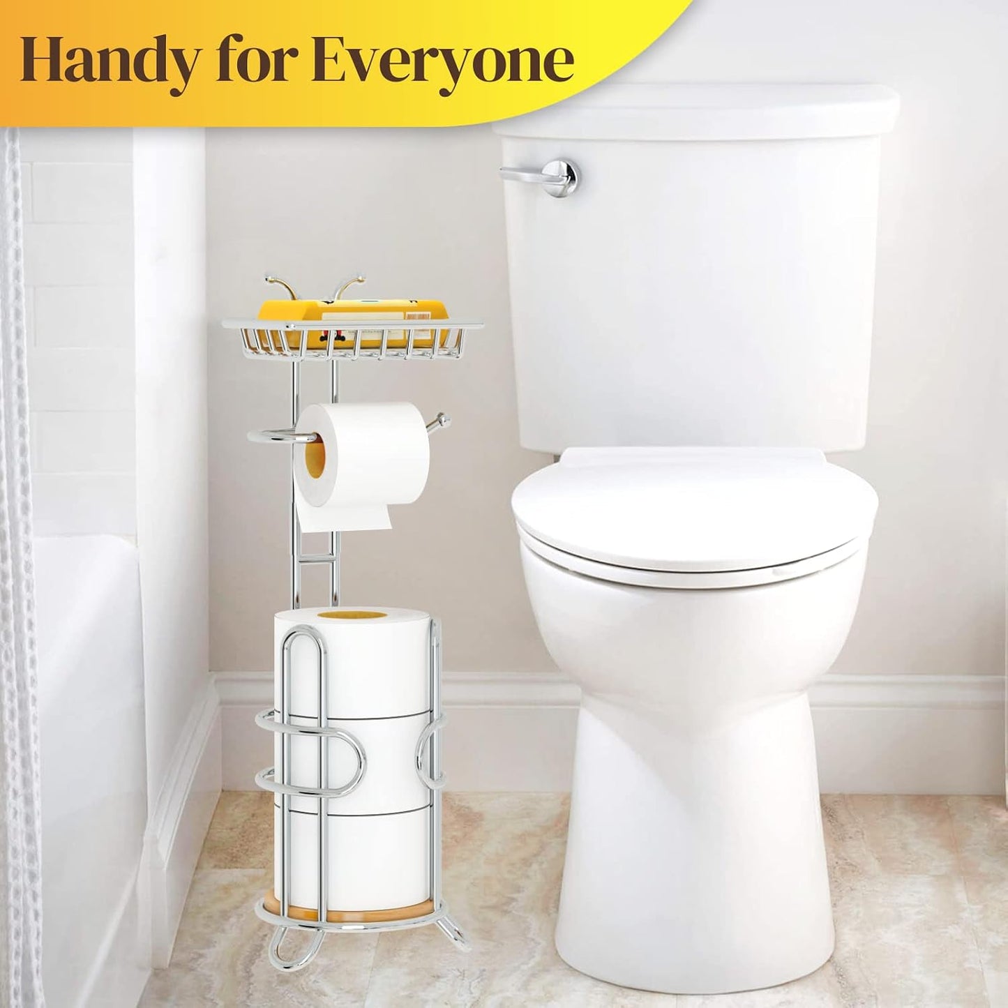 Toilet Paper Holder Stand, Free Standing Tissue Roll Storage Rack with Shelf for Bathroom, Chrome