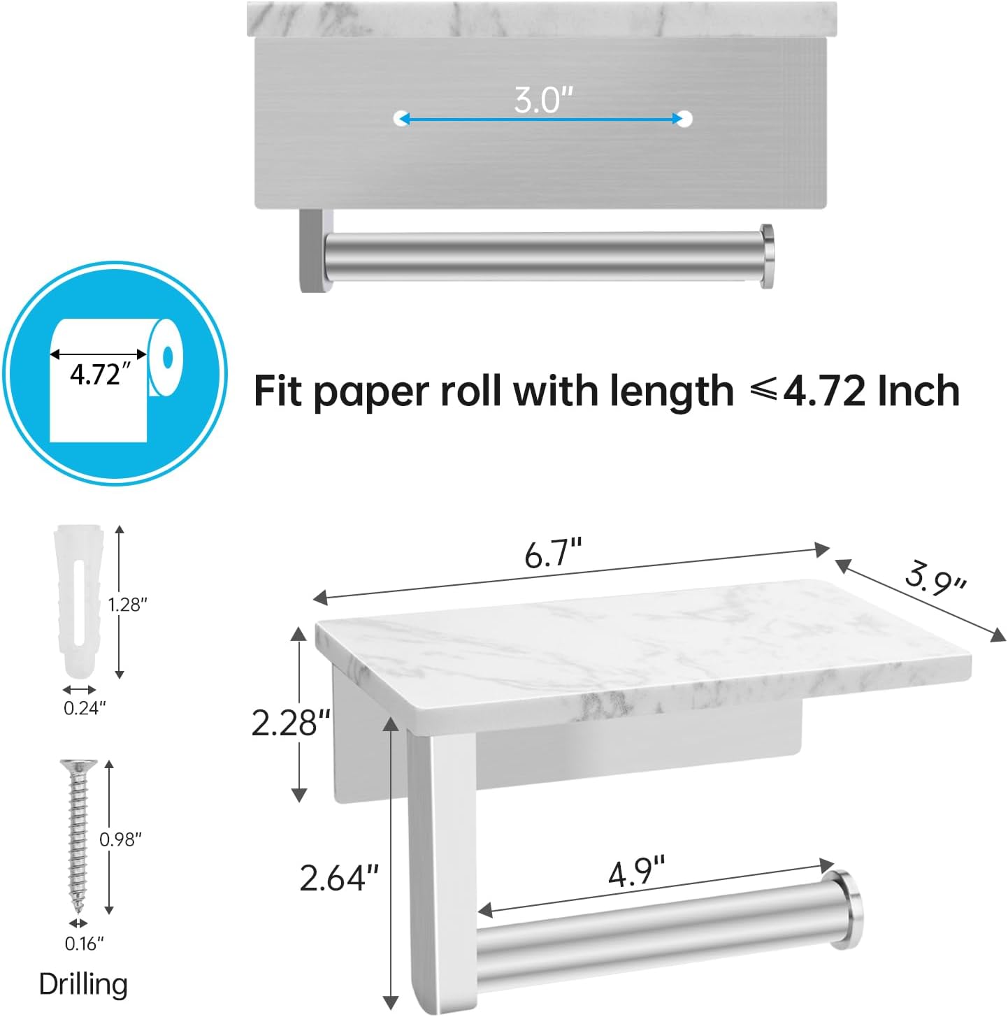 Toilet Paper Holder with Marble Shelf, SUS304 Stainless Steel Wall Mounted Toilet Paper Holder and 2 PCS Free Adhesive