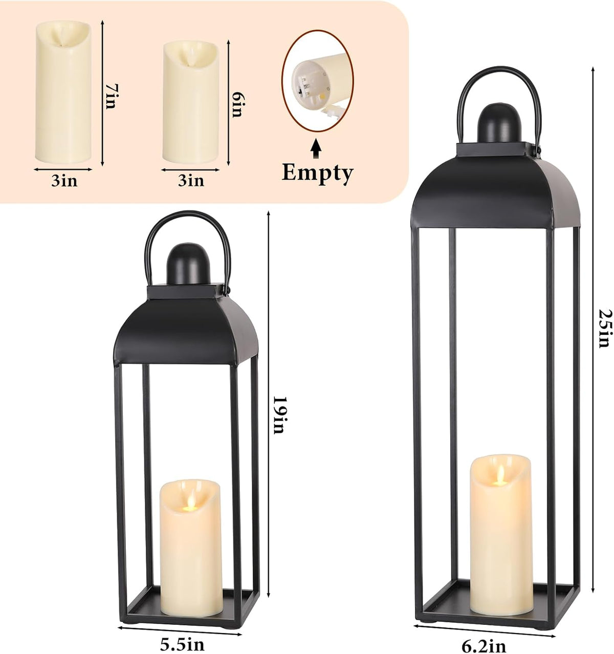 25'' 19'' Lanterns Decorative Outdoor Indoor, Black Metal Outdoor Lanterns | Set of 2 No Glass Modern Farmhouse