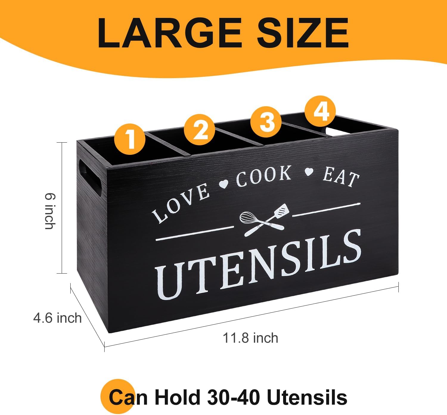Black Extra Large Wood Cooking Utensil Holder Kitchen Spatula Spoon Holder | Wooden Utensils Caddy for Kitchen