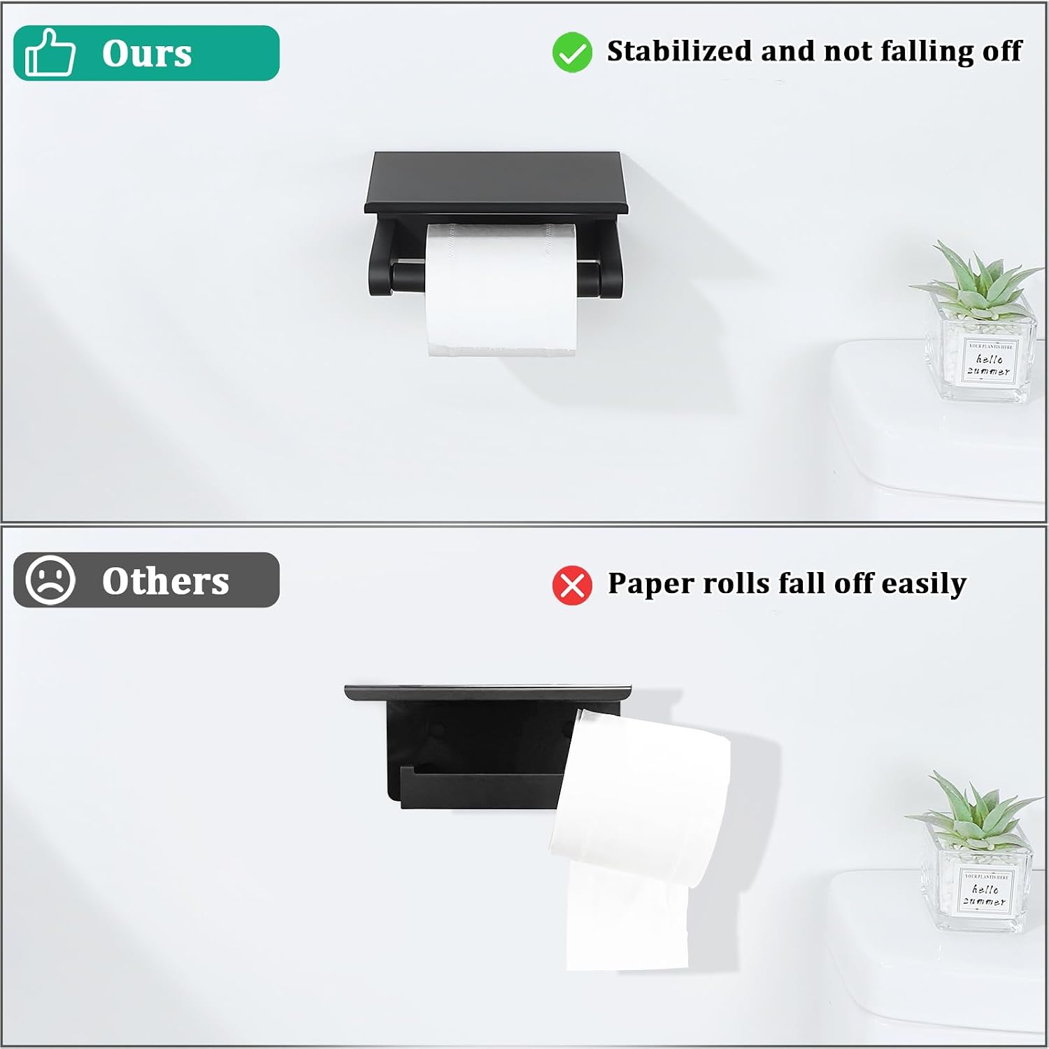 Alise Black Toilet Paper Holder with Shelf Wall Mount Adhesive or Drilling | SUS304 Stainless Steel Toilet Paper Roll