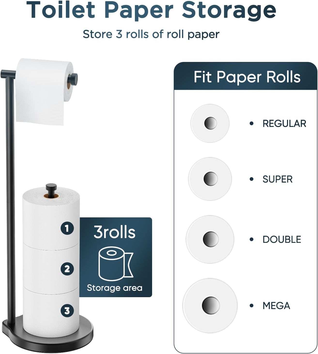 theaoo Heavy-Duty Toilet Paper Holder Stand, Bathroom Storage, Black | Freestanding Toilet Tissue Paper Roll Holder