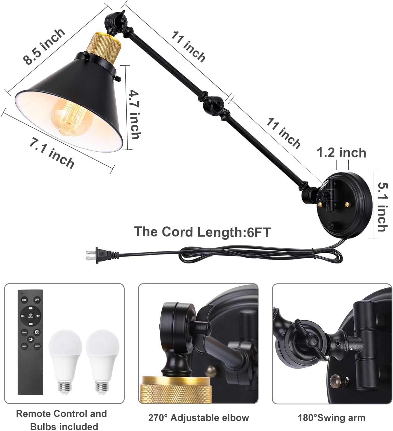 TRLIFE Dimmable Wall Sconce, Remote Control Plug in Wall Sconces Dimming 10%-100% and Adjustable Color Temperature