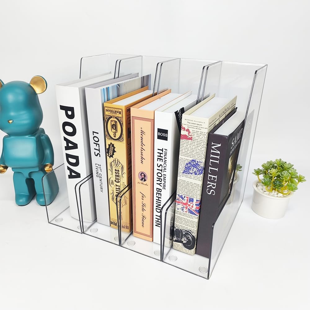 Clear Vertical File Holder, 4 pack, for Home Office | Clear plastic Magazine Organizer, 2-pack. Multi-purpose document